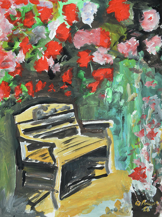 Impressionist Garden Bench and Red Roses Painting
