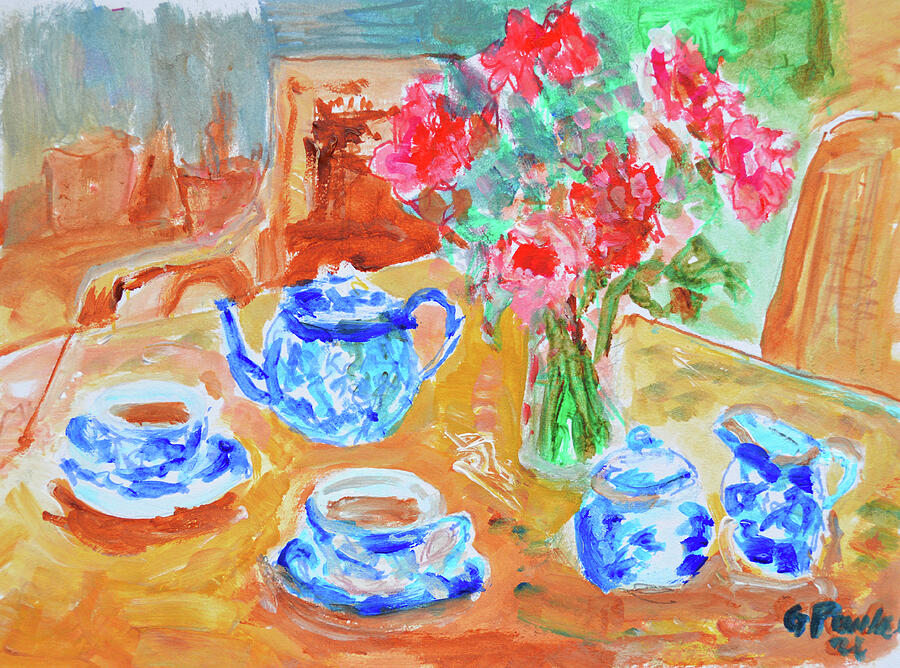 Morning Tea and Garden Roses Still Life Painting