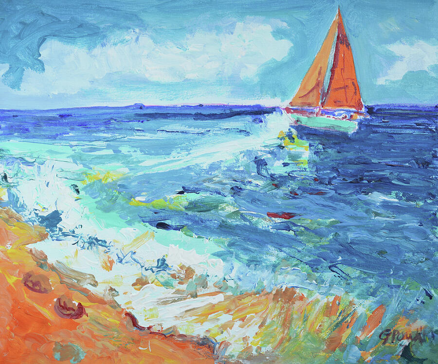 Orange Sail at Sea | Original Impressionist Coastal Sailboat Acrylic Painting