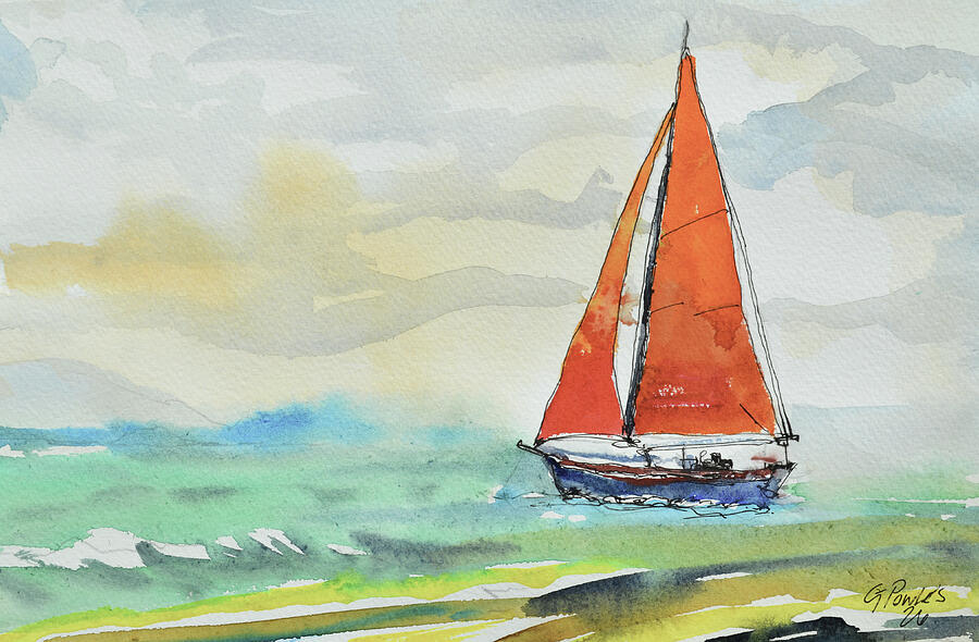 Breezy Waters | Original Red Sailboat Watercolour and Ink Marine Painting