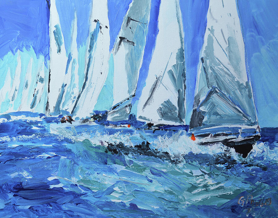 Blue Horizon Regatta | Original Sailboats Impasto Acrylic Ocean Painting