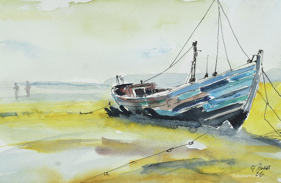 Tide’s Out | Original Shoreline Fishing Boat Watercolour and Ink Painting