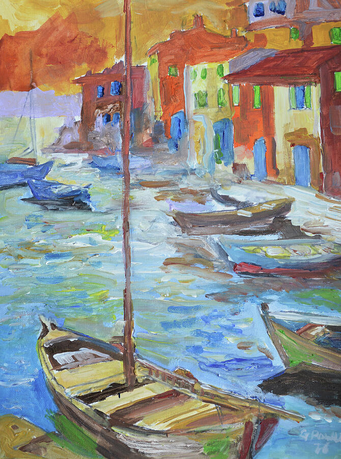 Sunlit Mediterranean Harbour and Boats Painting