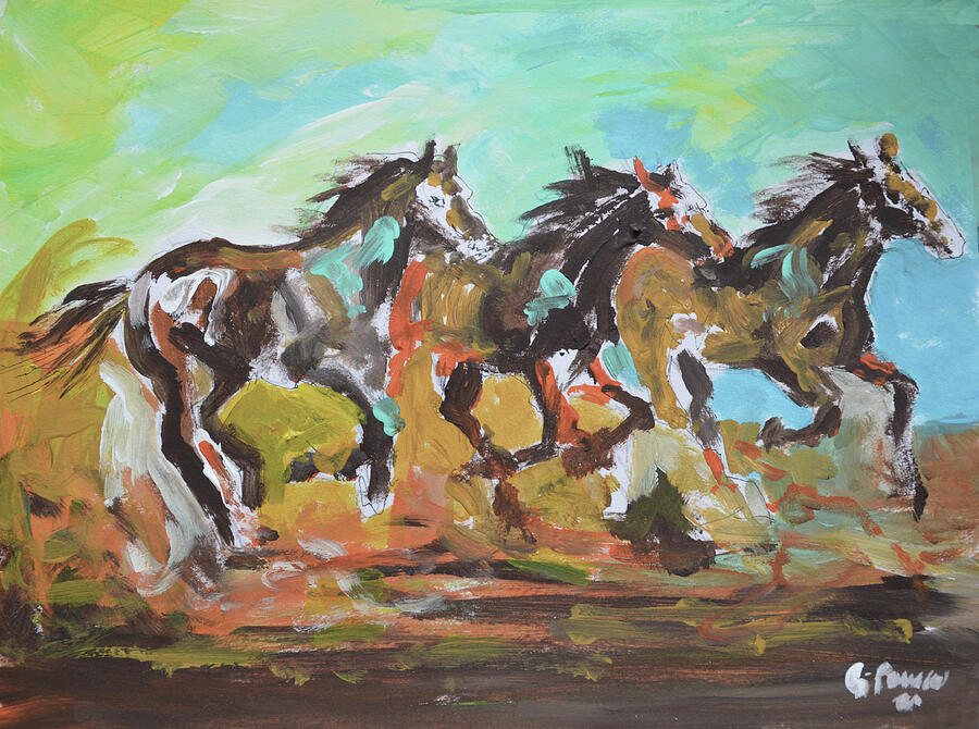 Three Galloping Wild Horses Expressionist Painting