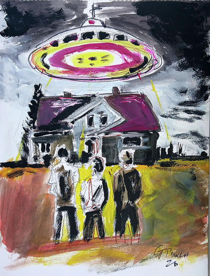 A UFO hovers above a rural house painting