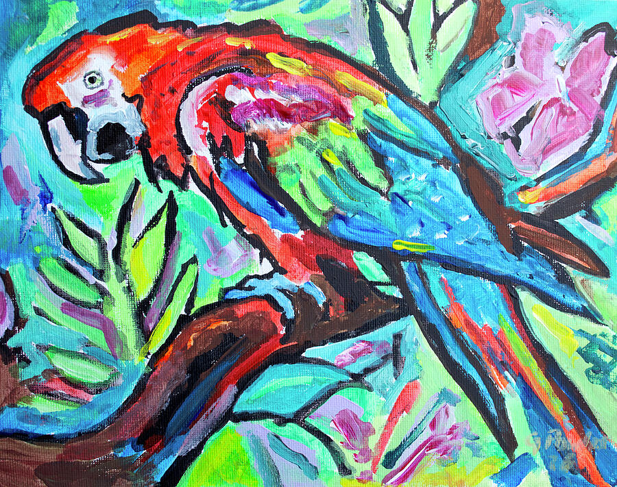 Abstract Scarlet Macaw Portrait in Jungle Painting
