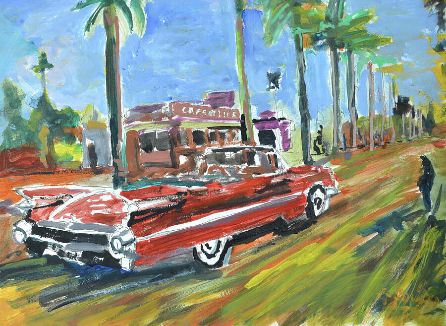 Vintage Red Car and Palm Trees