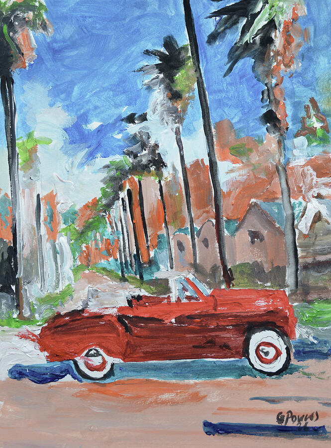 Vintage Red Convertible and Palm Trees Painting