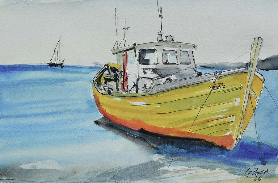 Golden Hull | Original Yellow Fishing Boat Watercolour and Ink Painting