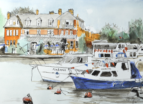 Boats and the Wherry Hotel Ink and Watercolour sketch