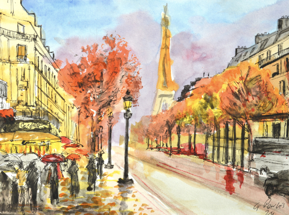 Paris Rain Watercolor and Ink Painting